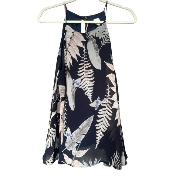 By Together Navy Floral Tie Neck Top Leaves Tropical Layer Versatile Sz L - Picture 1 of 7